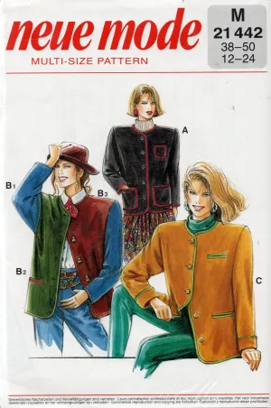 Neue Mode M 21442 Womens Box Jackets with Contrast Binding 1980s Vintage Sewing Pattern Size 12 - 24 UNCUT Factory Folded