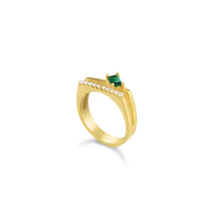 One Baguette Cubic Zirconia Bar Ring - Gold Green And White