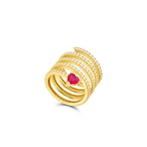 One Heart Cubic Zirconia Spiral Ring - Silver Fuchsia And White