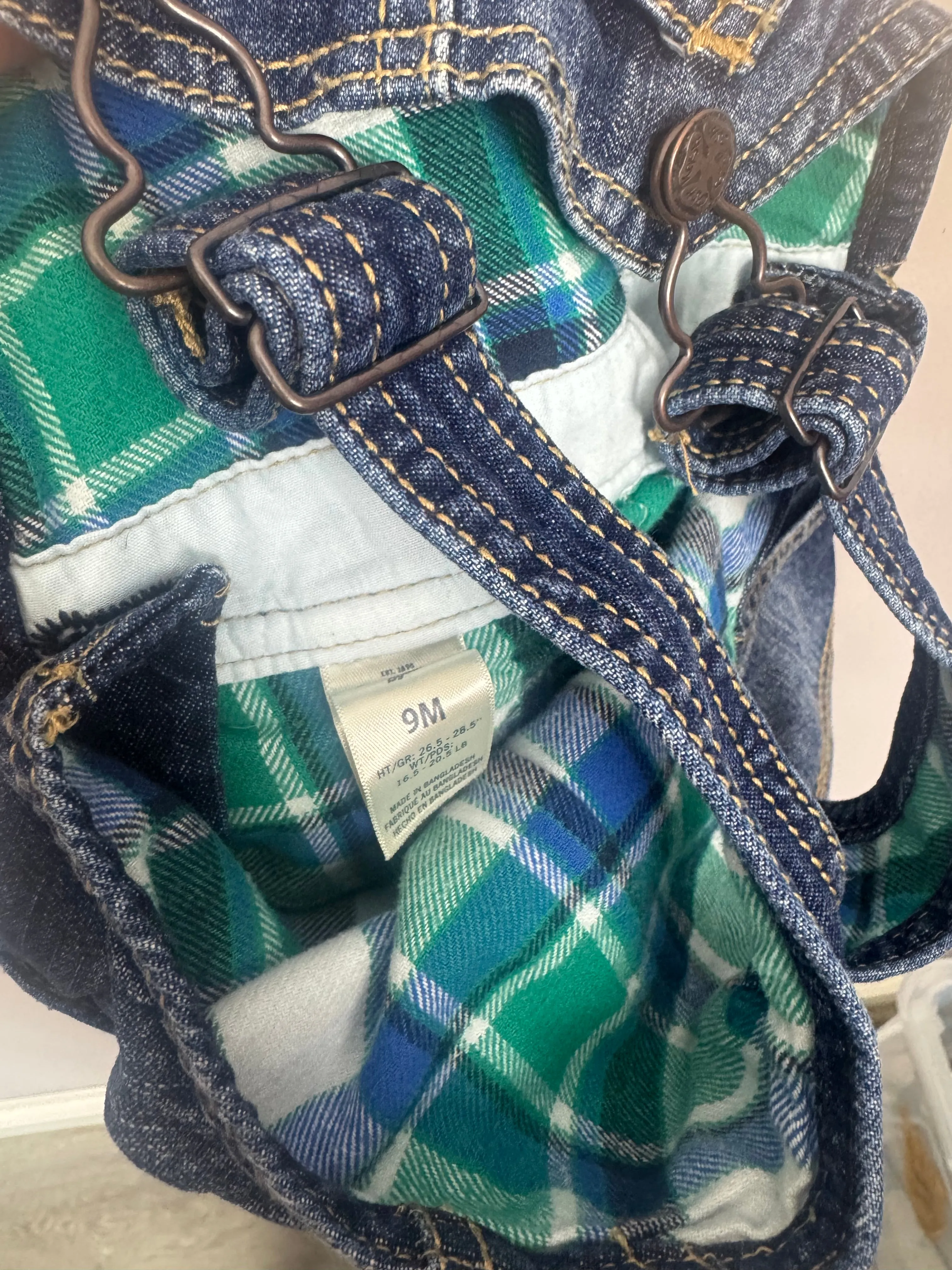 Oshkosh Turquoise Check Lined Denim Dungarees 9m