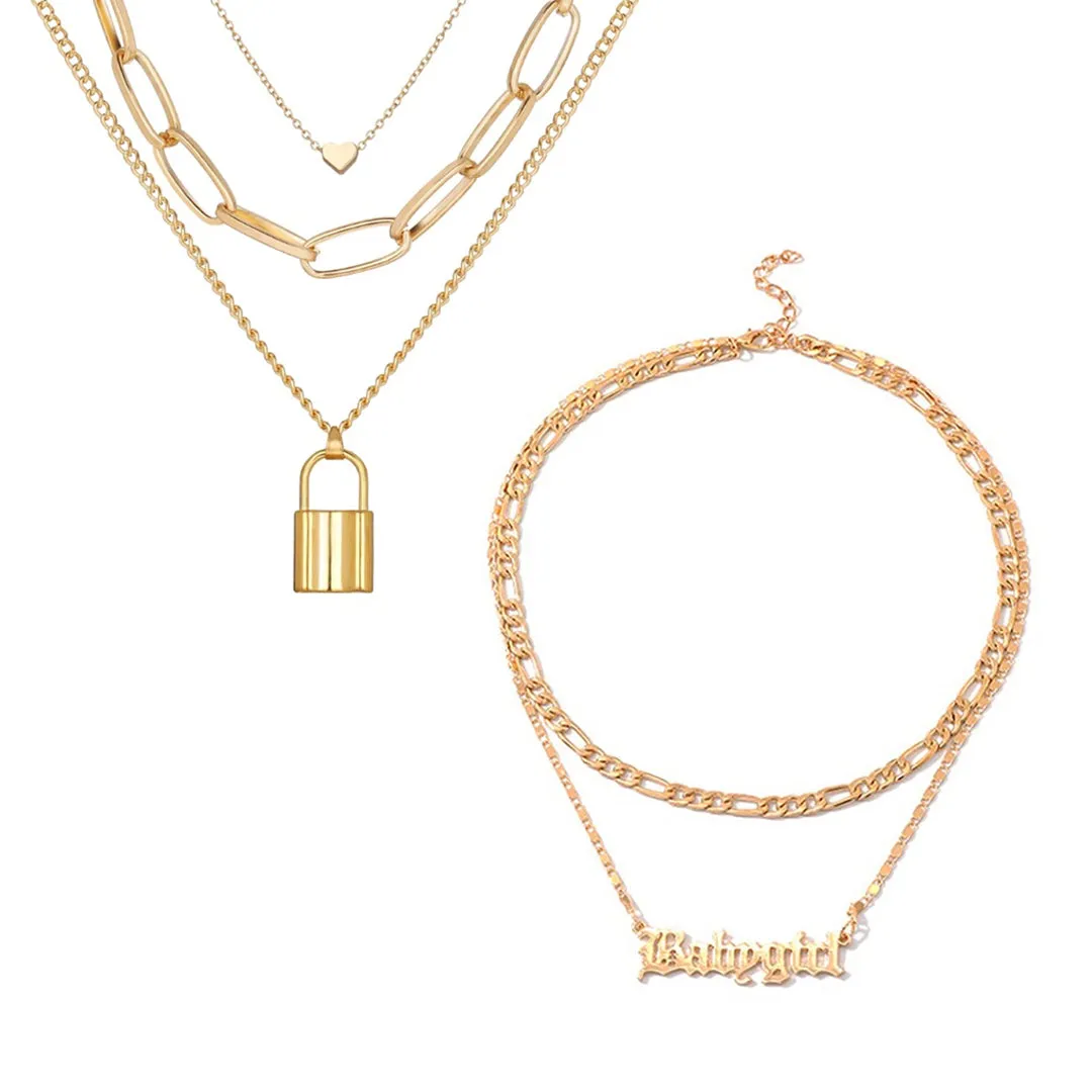 Pack of 2 Gold Plated Layered Heart Lock Babygirl Pendant