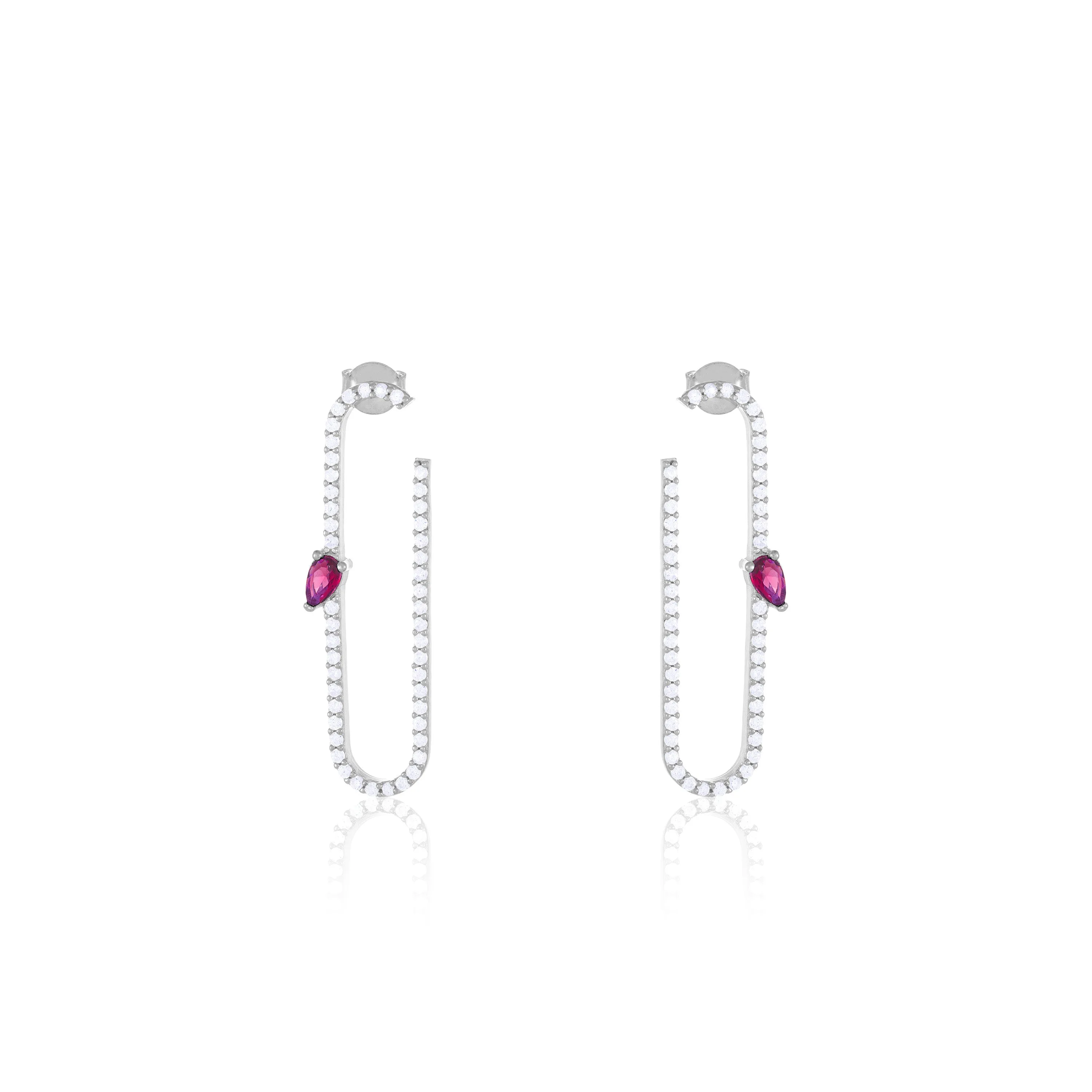 Paperclip With Teardrop Statement Earrings - Silver Fuchsia And White