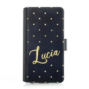 Personalised iPhone Leather Case - Gold Hearts and Name