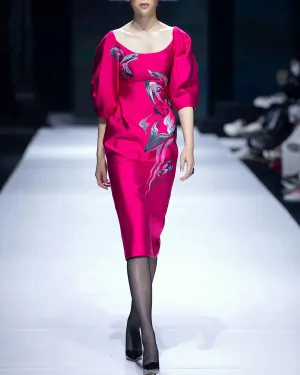 Pink Panther - Voluminous Sleeves Hot Pink Pegged Dress