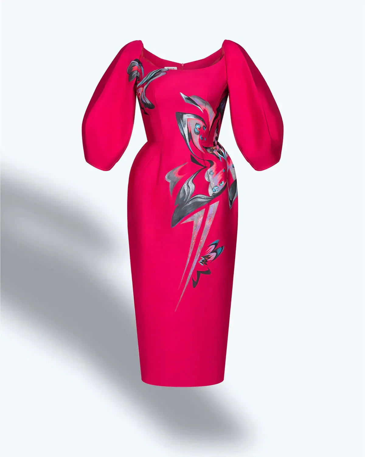Pink Panther - Voluminous Sleeves Hot Pink Pegged Dress