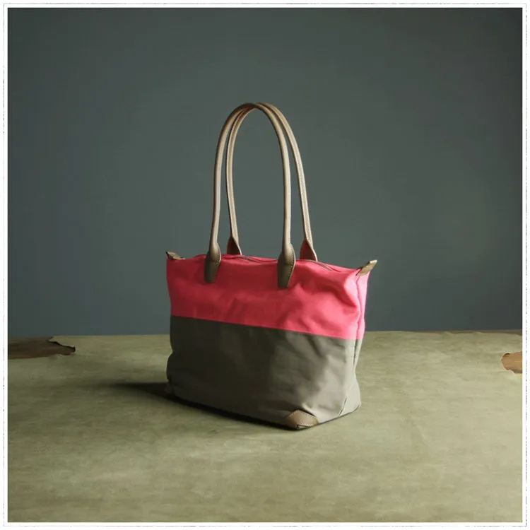 Pink&Khaki Womens Nylon Shoulder Handbag Womens Nylon Contrast Color Pink Shoulder Work Purse Nylon for Ladies