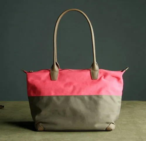 Pink&Khaki Womens Nylon Shoulder Handbag Womens Nylon Contrast Color Pink Shoulder Work Purse Nylon for Ladies