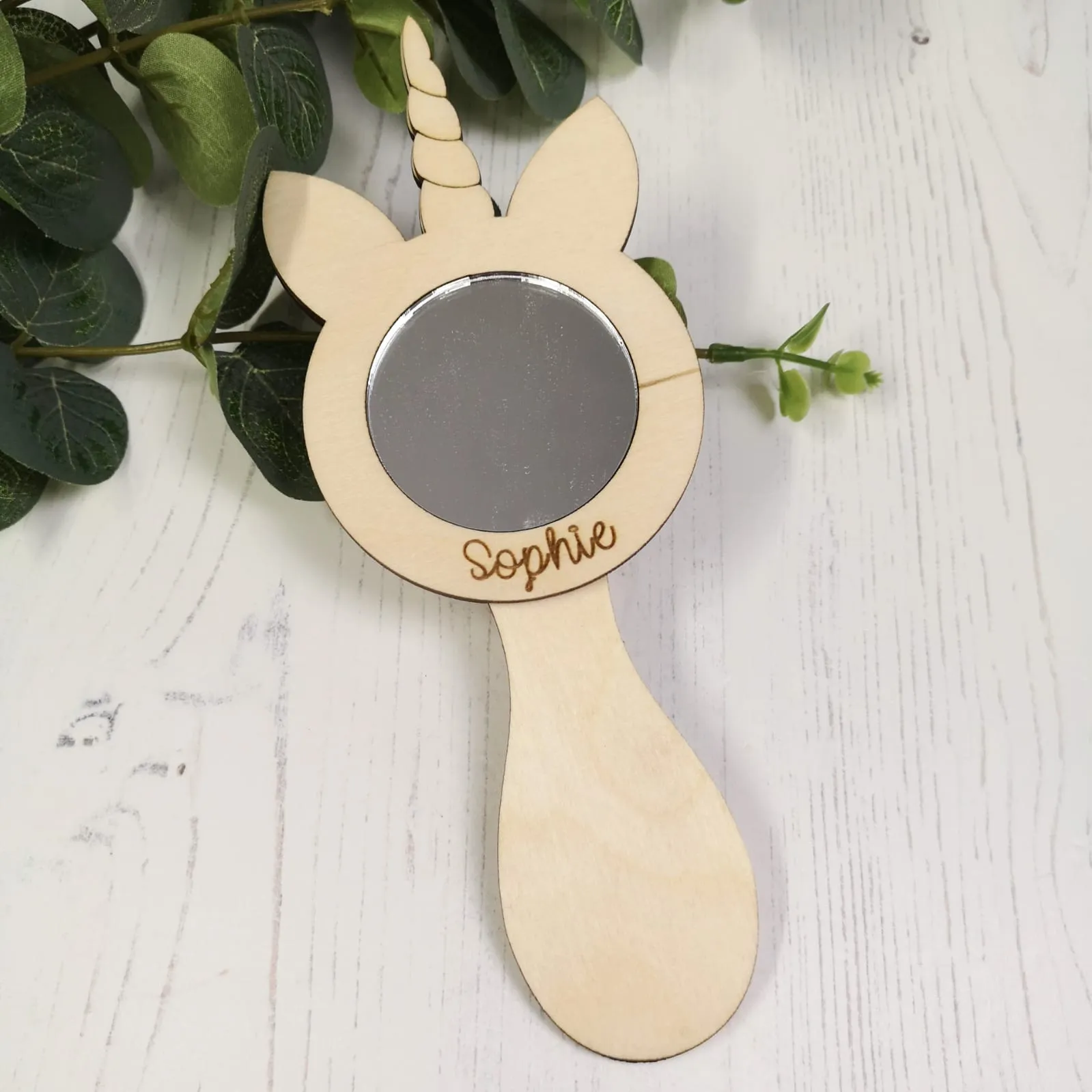 Plywood and Acrylic Mirror - Handheld Unicorn