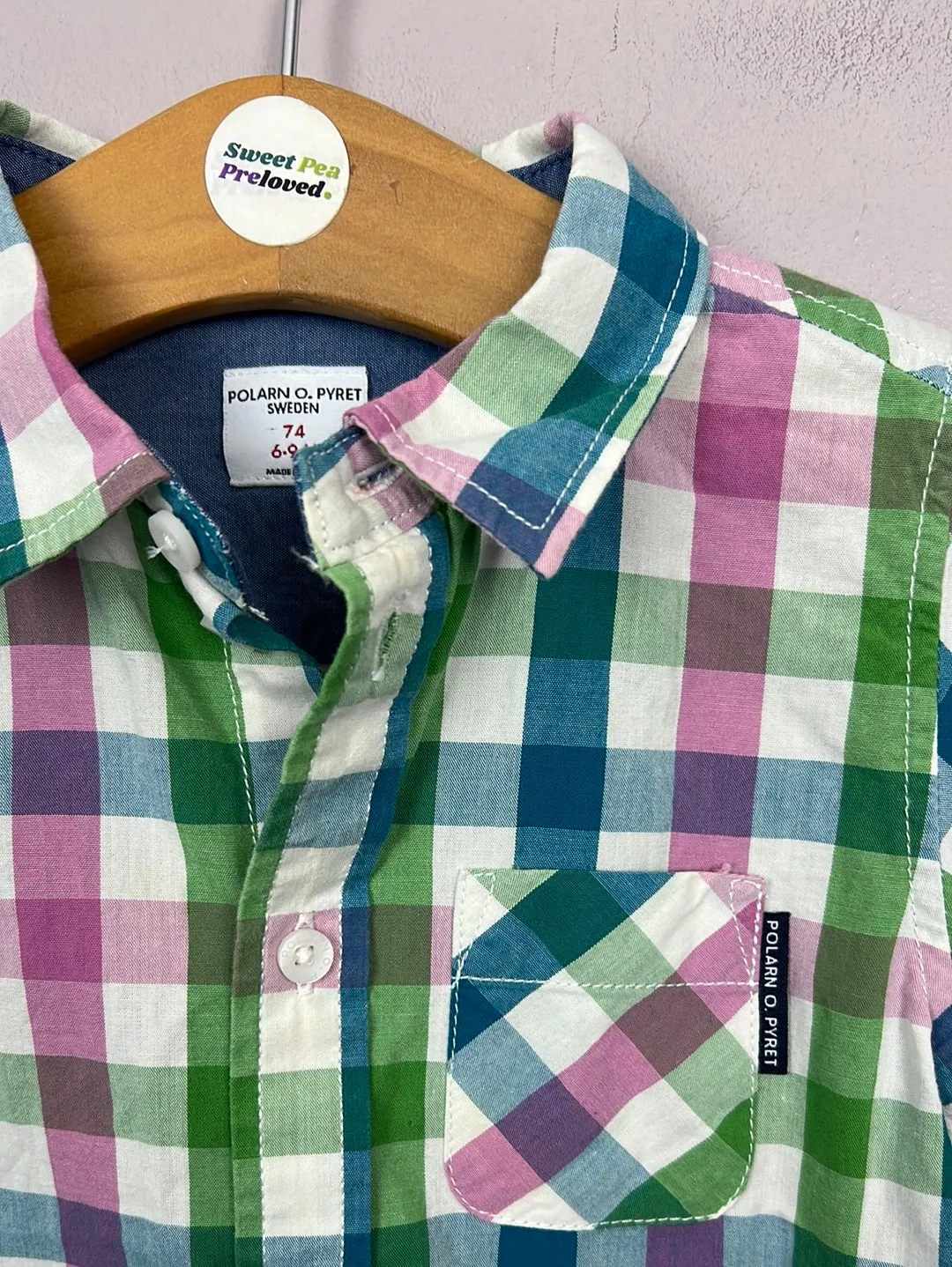 Polarn O. Pyret pink green check shirt 6-9m