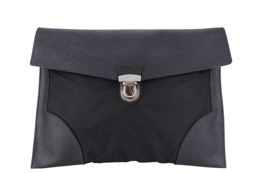 PRADA 2VN089 NERO TESSUTO SAFFIANO CLUTCH BAG SILVER HARDWARE WITH CARD, DUST COVER AND BOX