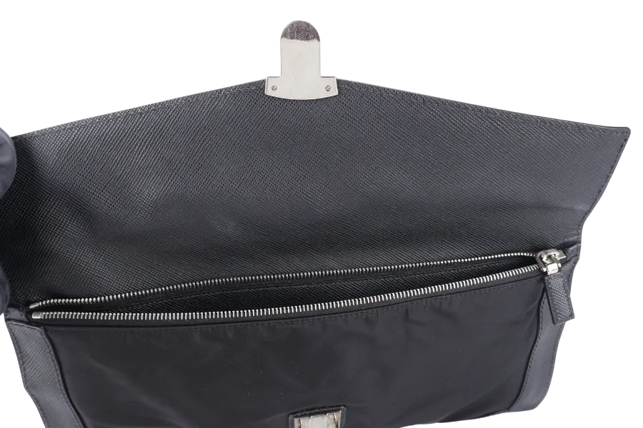 PRADA 2VN089 NERO TESSUTO SAFFIANO CLUTCH BAG SILVER HARDWARE WITH CARD, DUST COVER AND BOX