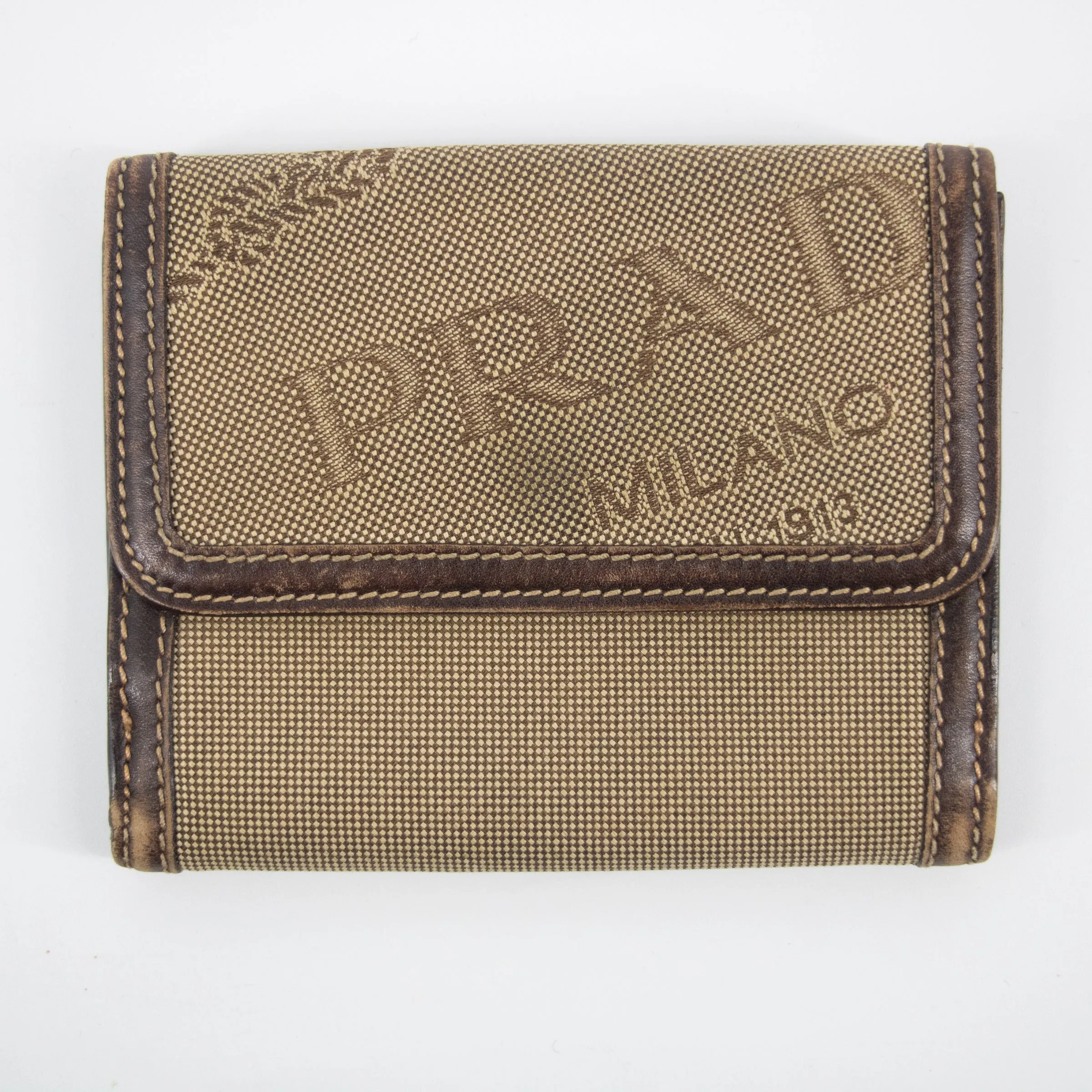 Prada Brown Canvas Leather Compact Wallet #2186