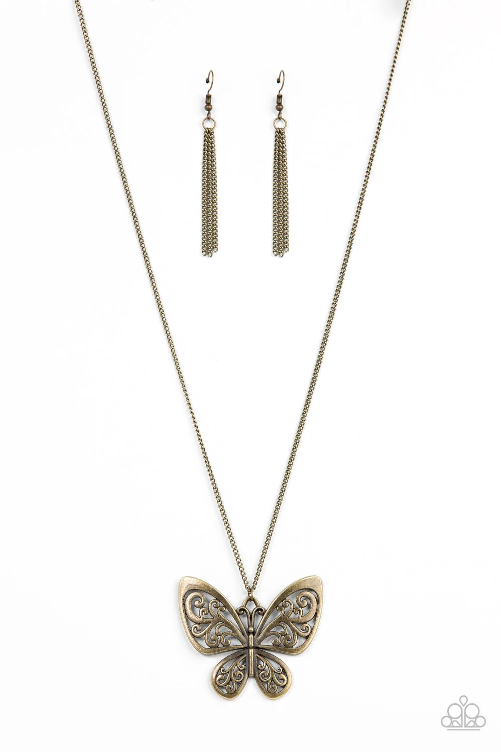 "Butterfly Boutique" Brass Metal & Long Chain Butterfly Pendant Necklace Set