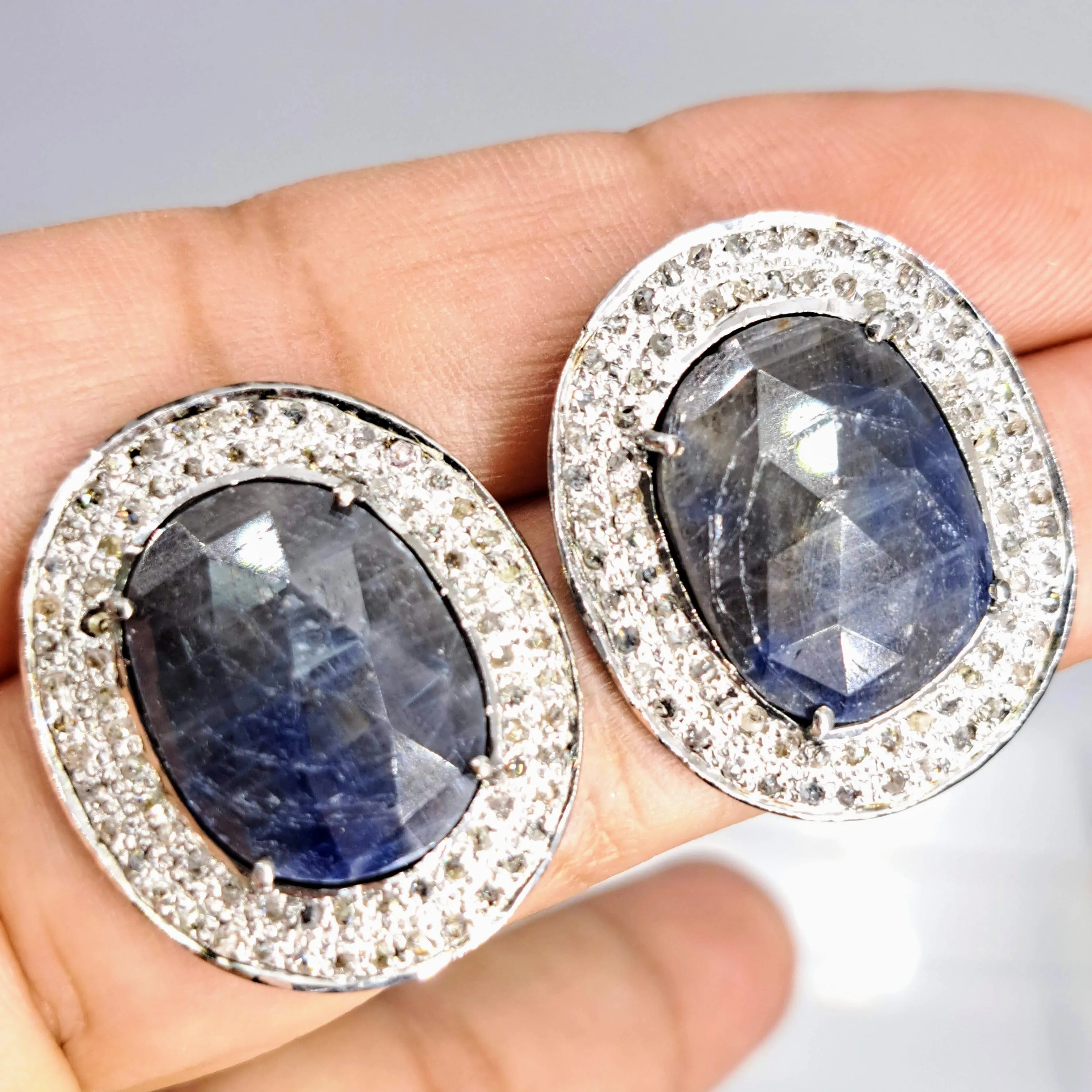 "In The Navy" 1 1/8" Earrings - Sapphire, Diamonds, Sterling