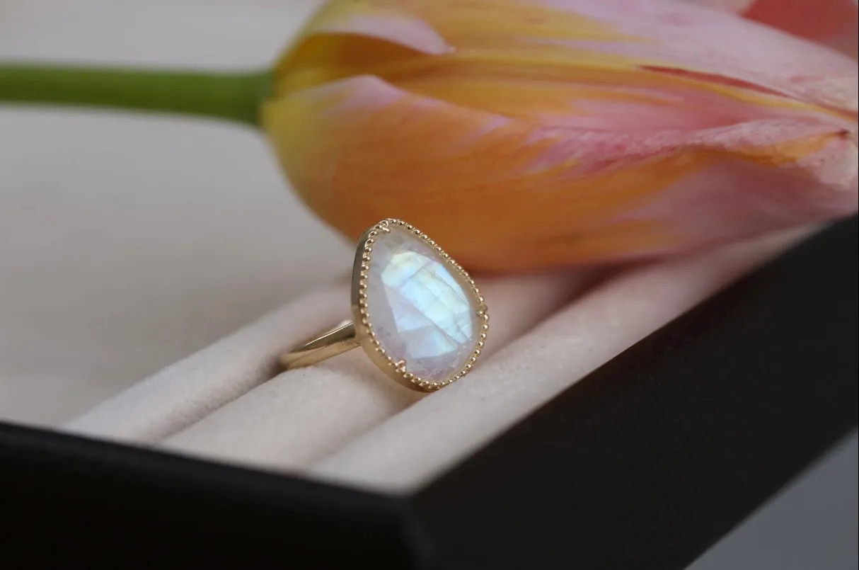 Rainbow Moonstone Slice Ring