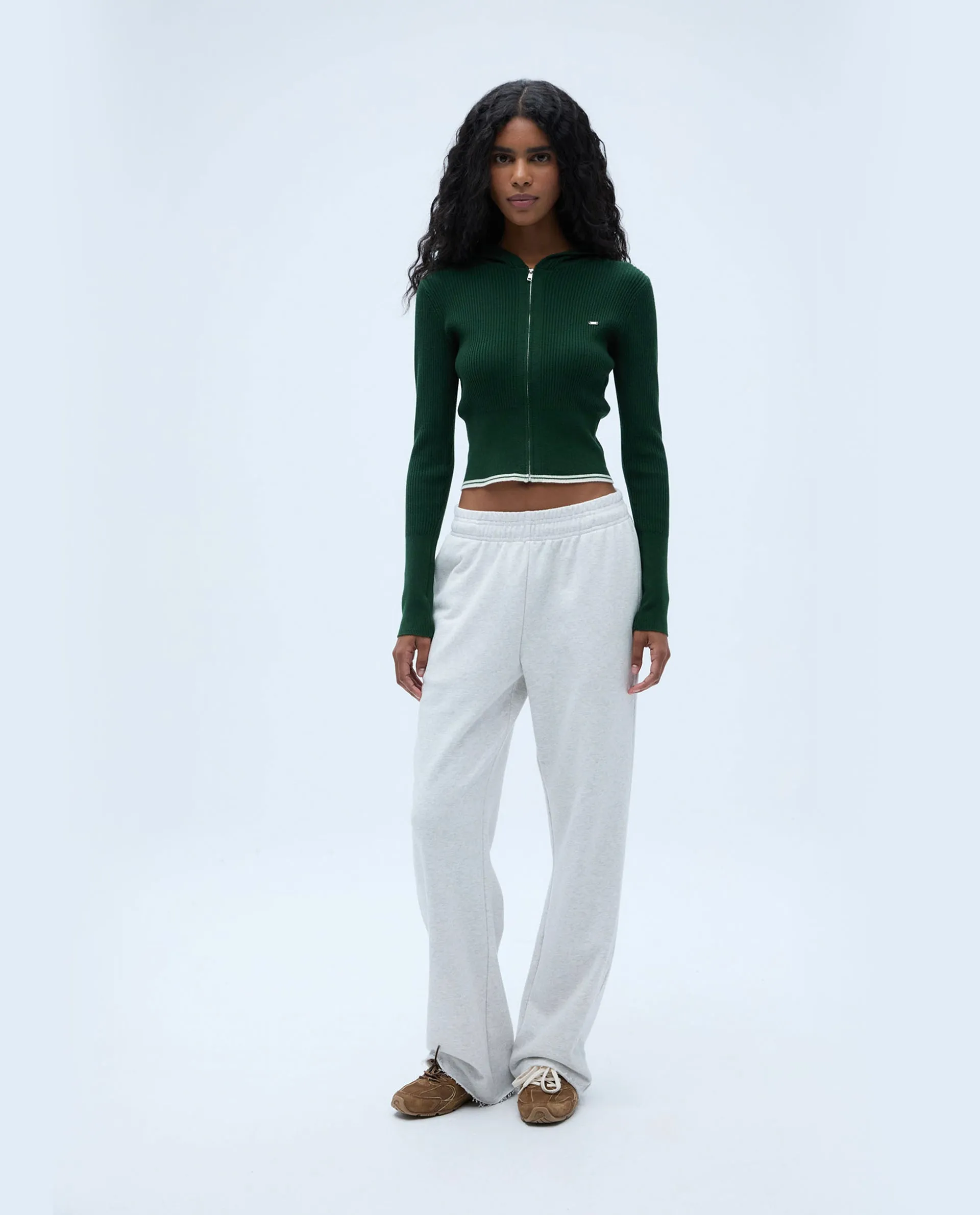 Rib Knit Contrast Hoodie - Forest Green/Marshmallow White