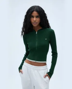 Rib Knit Contrast Hoodie - Forest Green/Marshmallow White