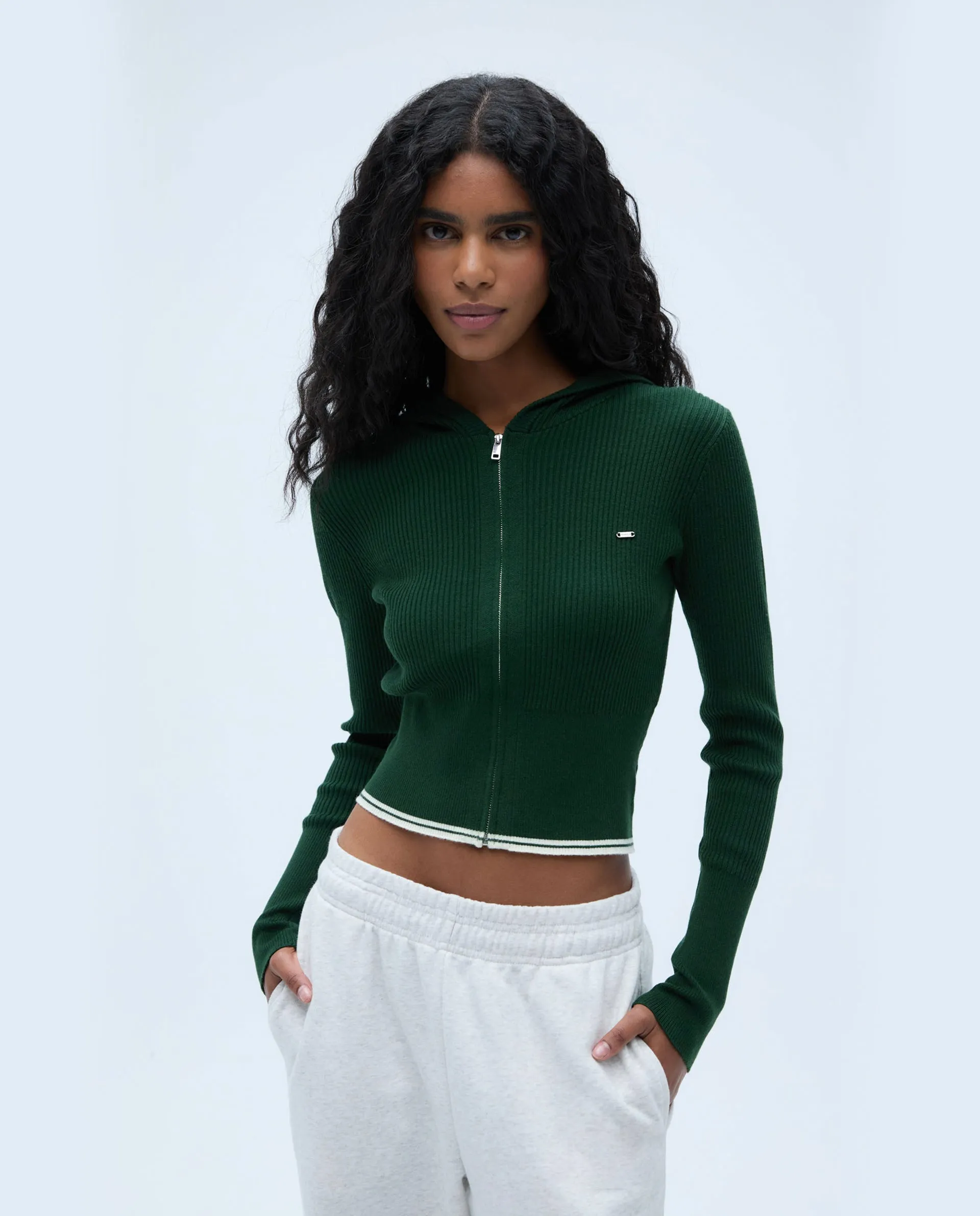 Rib Knit Contrast Hoodie - Forest Green/Marshmallow White