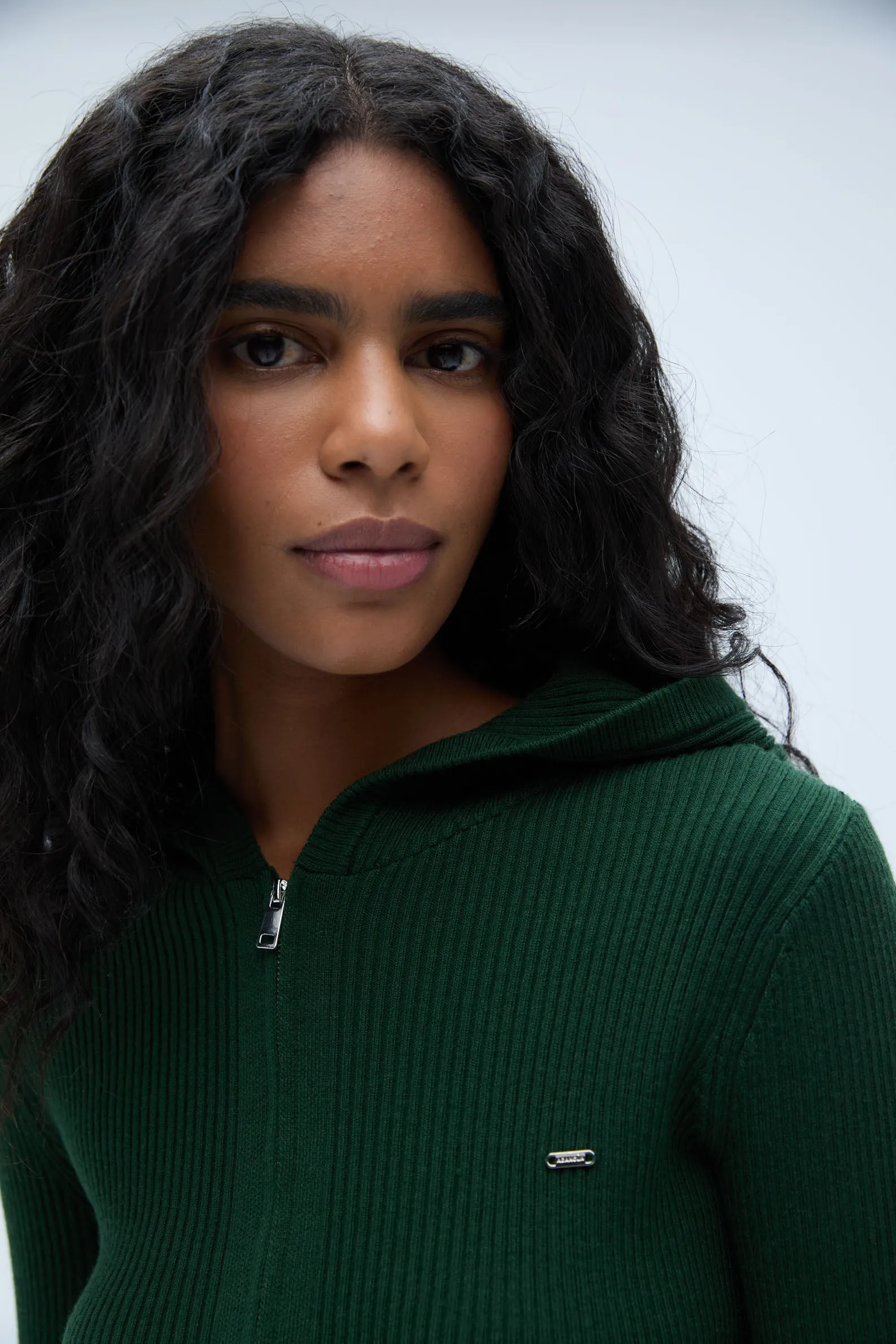 Rib Knit Contrast Hoodie - Forest Green/Marshmallow White