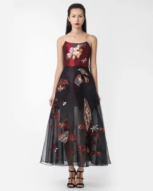 Rose Garden-painted Strapless Red Gown Dress