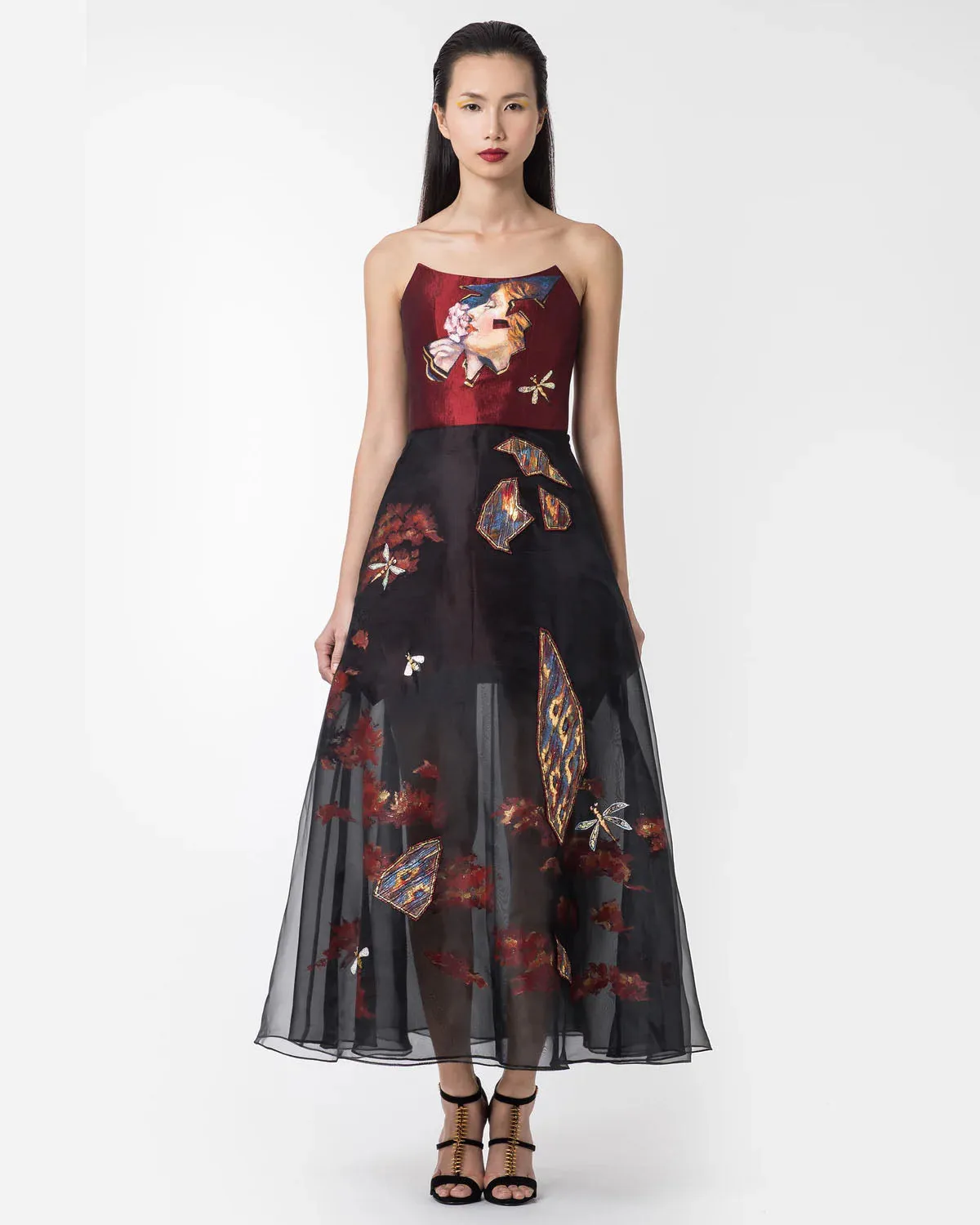 Rose Garden-painted Strapless Red Gown Dress