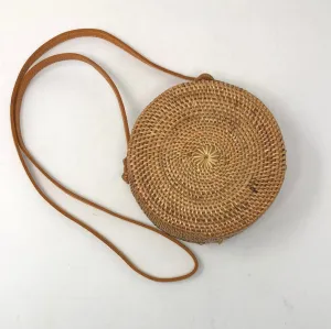 Round Straw Snap Closure crossbody Bag with Floral Interior