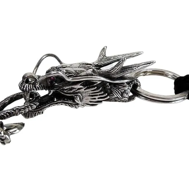 Ruby Eye Dragon Silver Leather Keychain