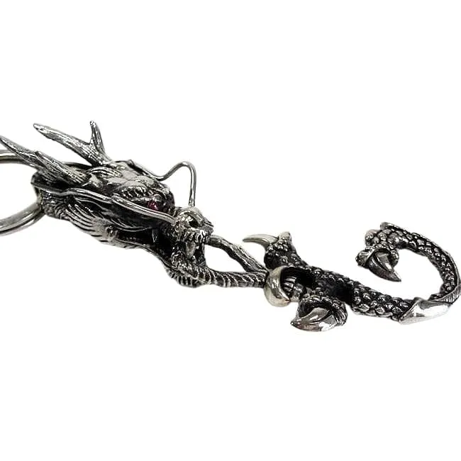 Ruby Eye Dragon Silver Leather Keychain