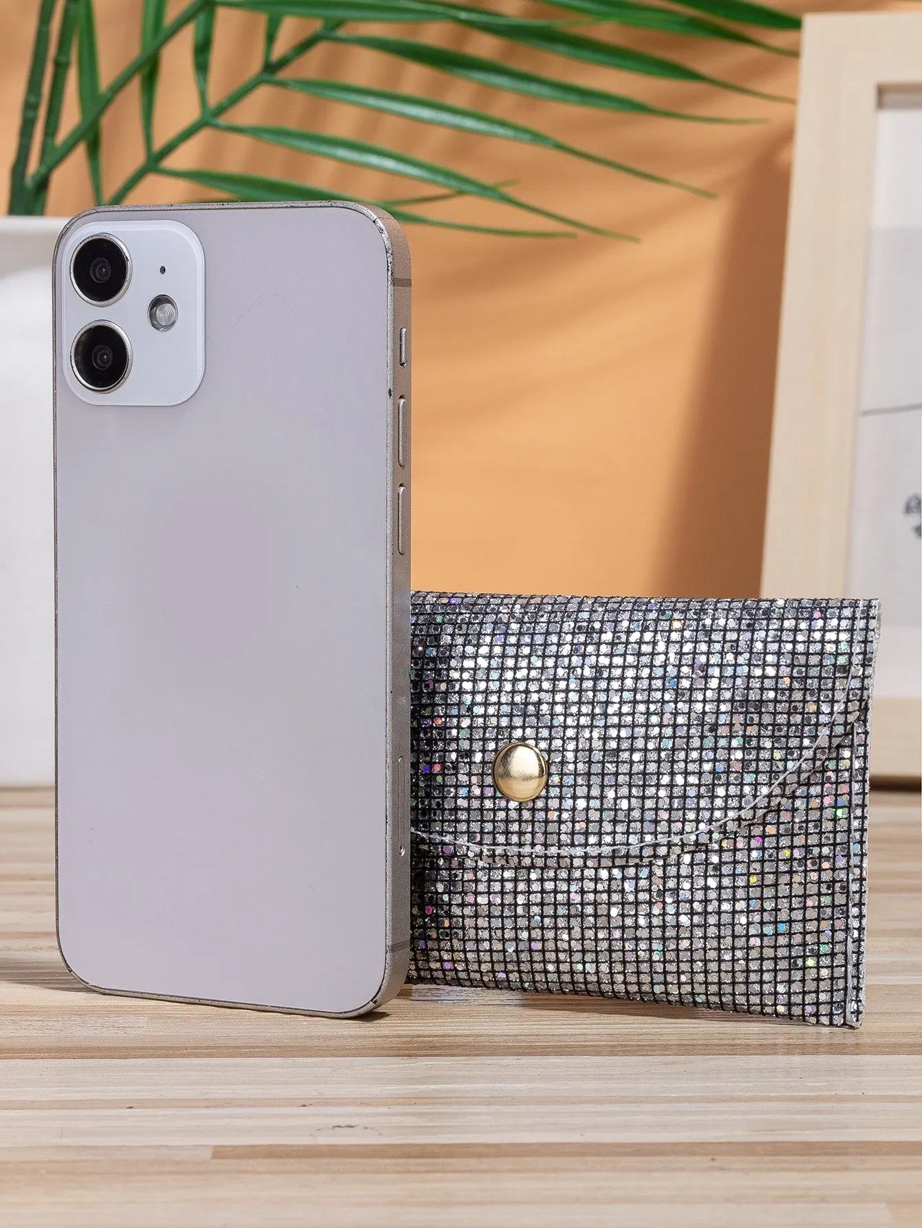 Sequin Decor Flap Card Holder - Silver