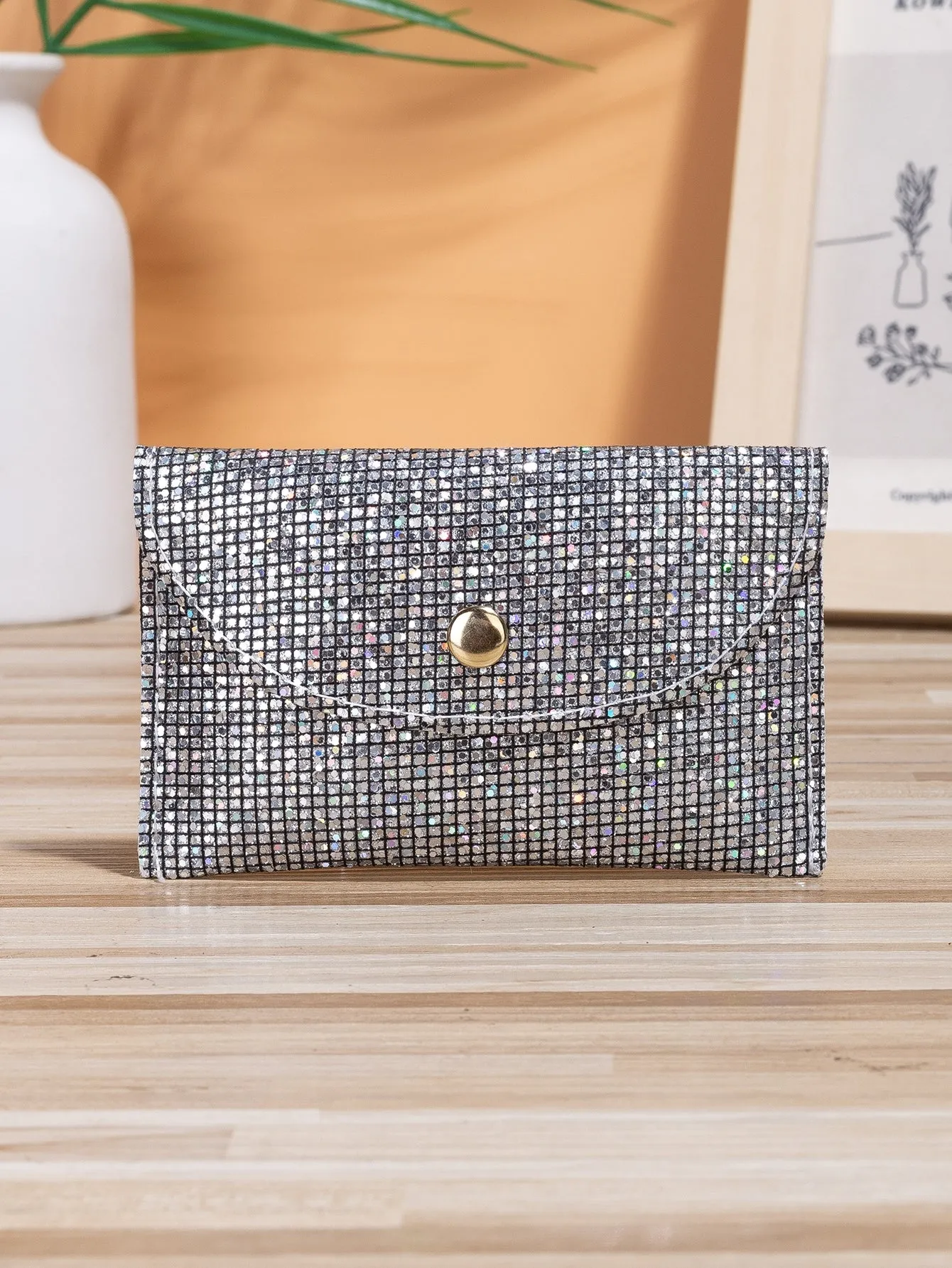 Sequin Decor Flap Card Holder - Silver