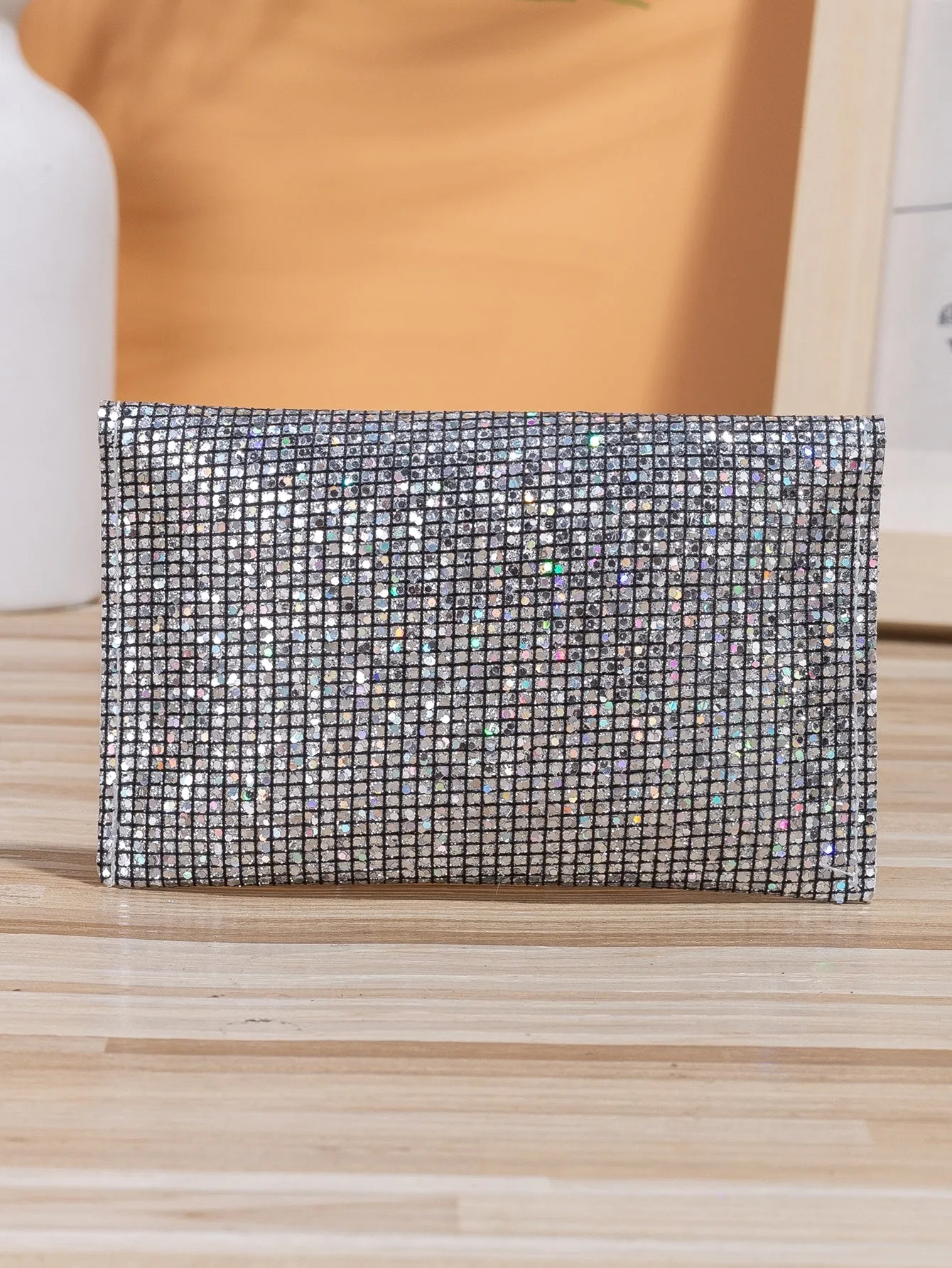 Sequin Decor Flap Card Holder - Silver