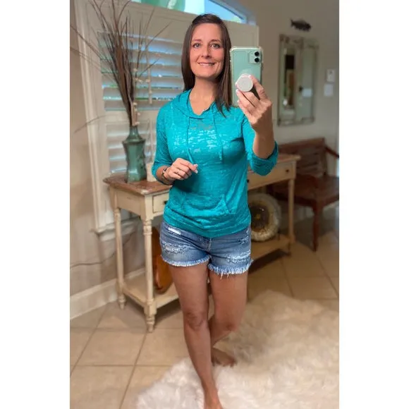 Sexy Sheer Burnout Drawstring Hoodie Tissue High Neck Long Sleeve Top Jade