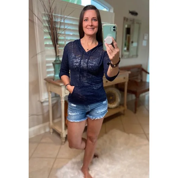 Sexy Sheer Burnout Drawstring Hoodie Tissue High Neck Long Sleeve Top Navy