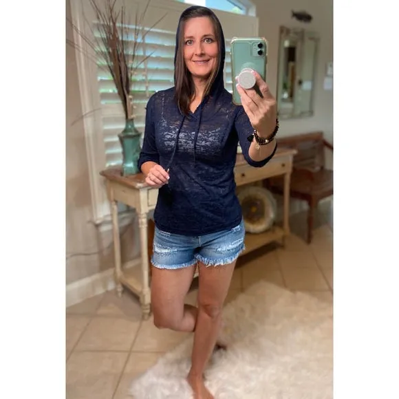 Sexy Sheer Burnout Drawstring Hoodie Tissue High Neck Long Sleeve Top Navy