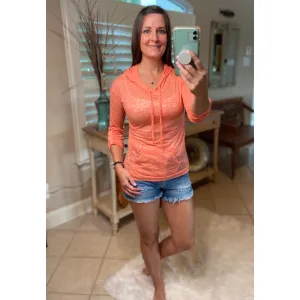 Sexy Sheer Burnout Drawstring Hoodie Tissue High Neck Long Sleeve Top Peach