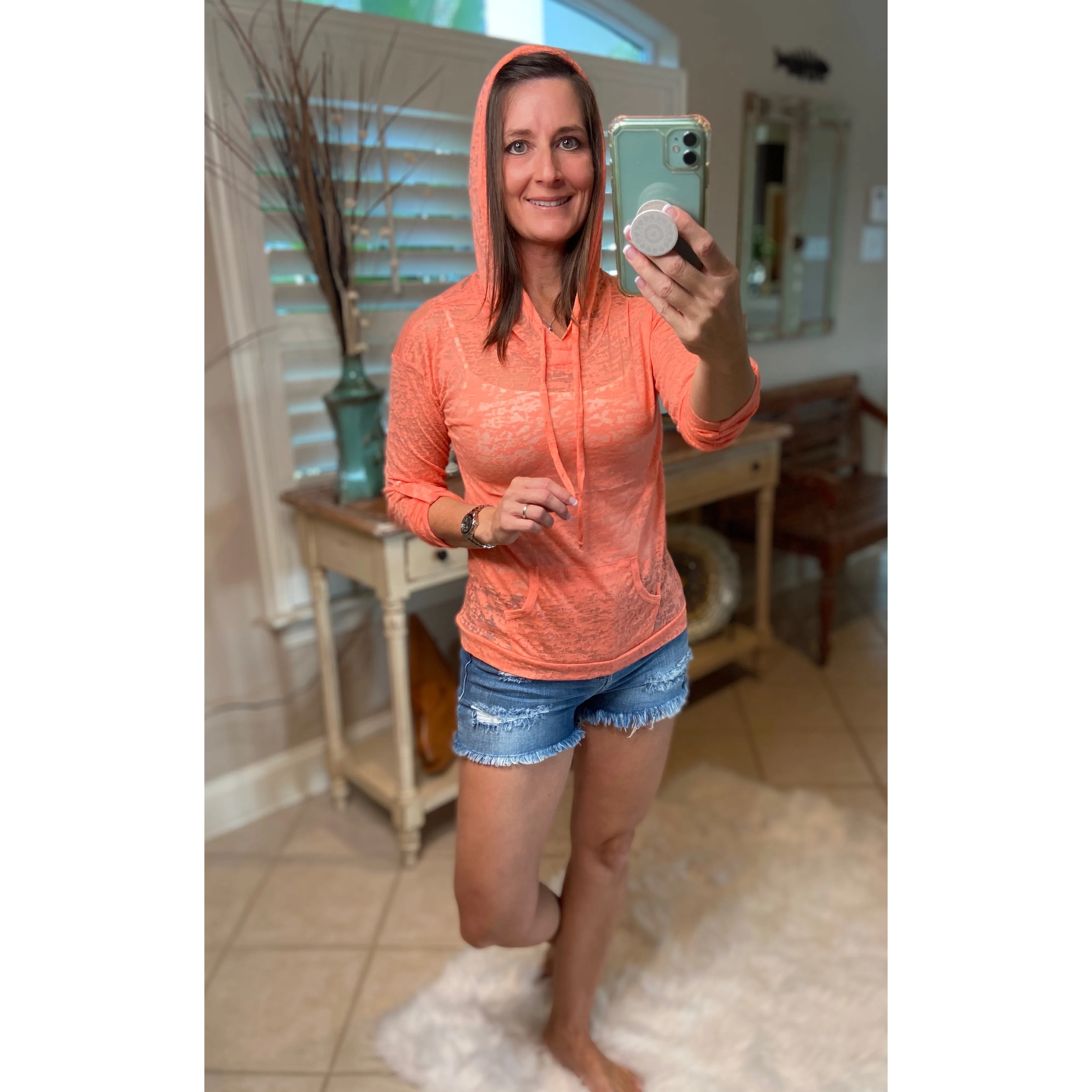 Sexy Sheer Burnout Drawstring Hoodie Tissue High Neck Long Sleeve Top Peach