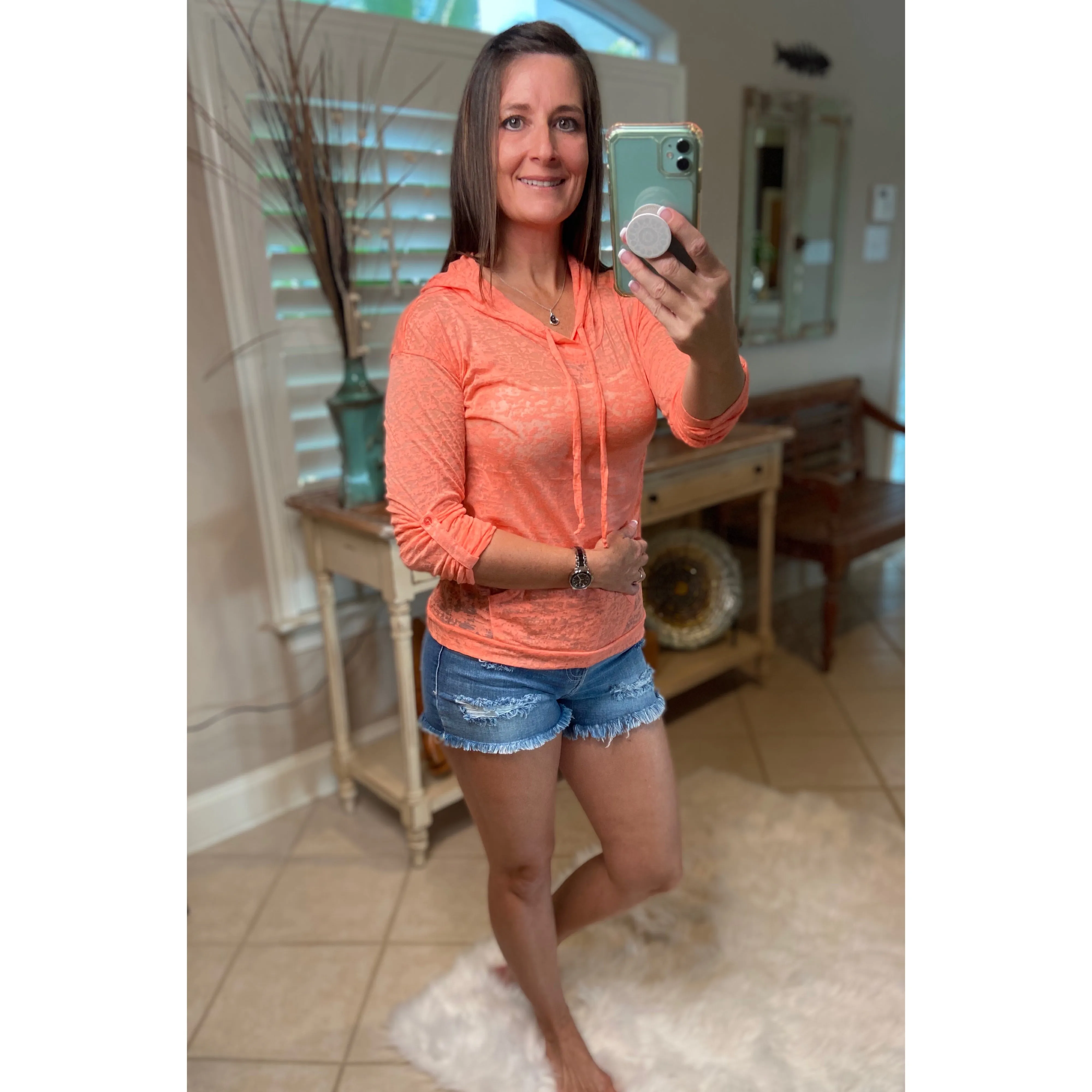 Sexy Sheer Burnout Drawstring Hoodie Tissue High Neck Long Sleeve Top Peach