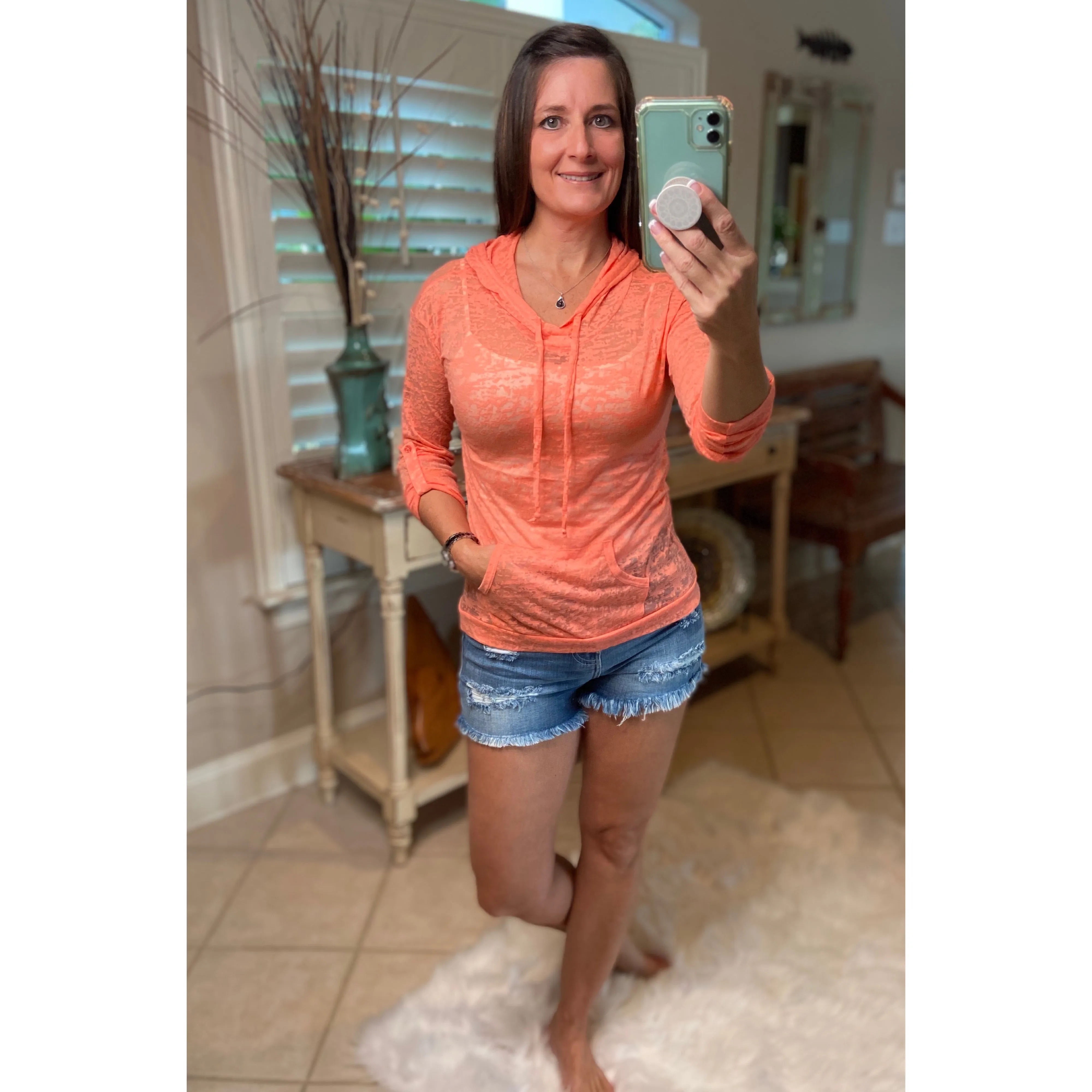 Sexy Sheer Burnout Drawstring Hoodie Tissue High Neck Long Sleeve Top Peach