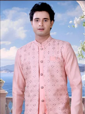 Silk Embroidered Men’s Layered Sherwani Kurta Pyzama