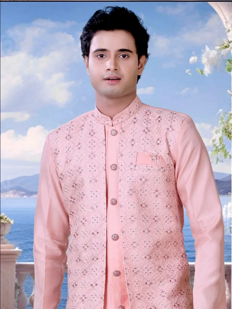 Silk Embroidered Men’s Layered Sherwani Kurta Pyzama