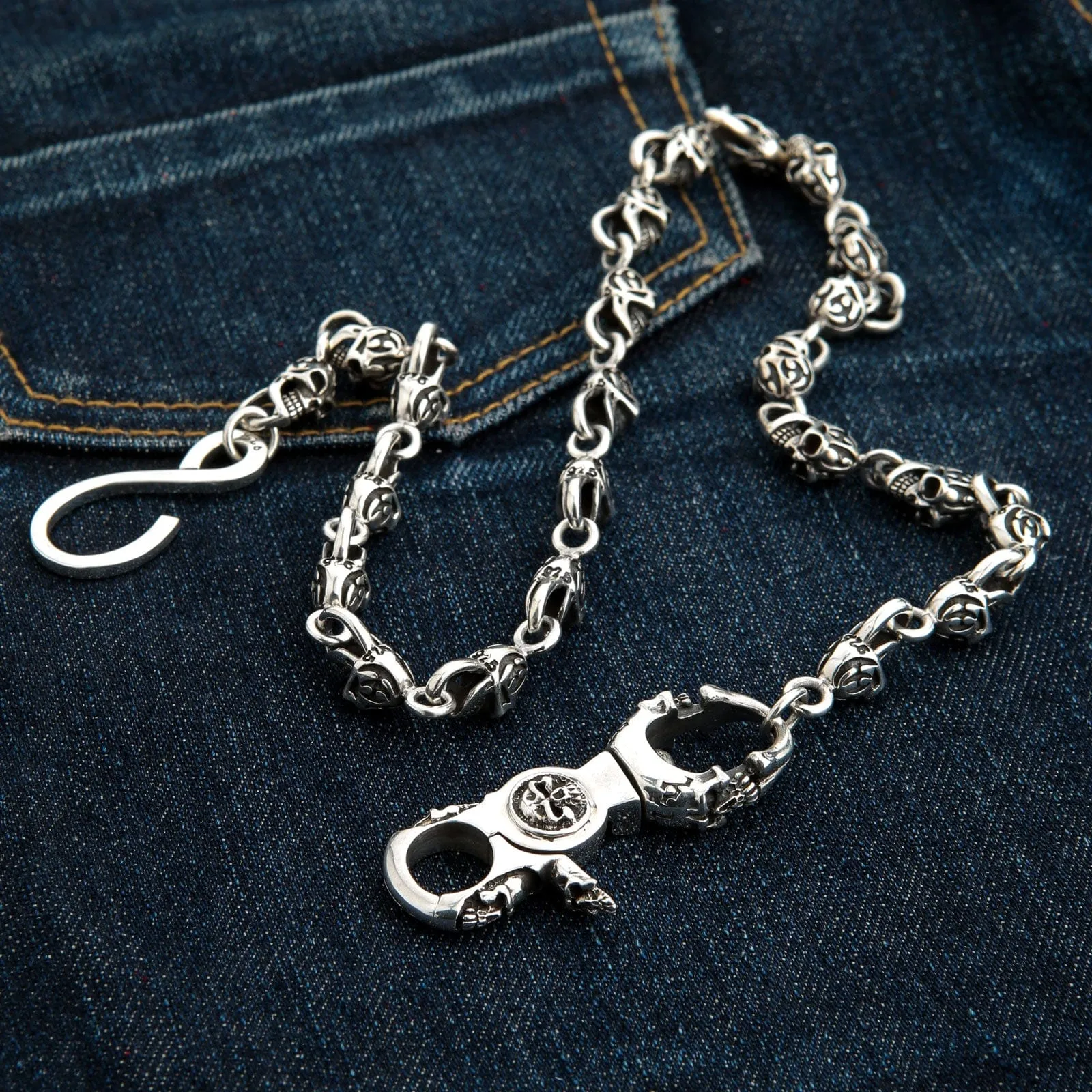 Slash Flame Skull Sterling Silver Wallet Chain