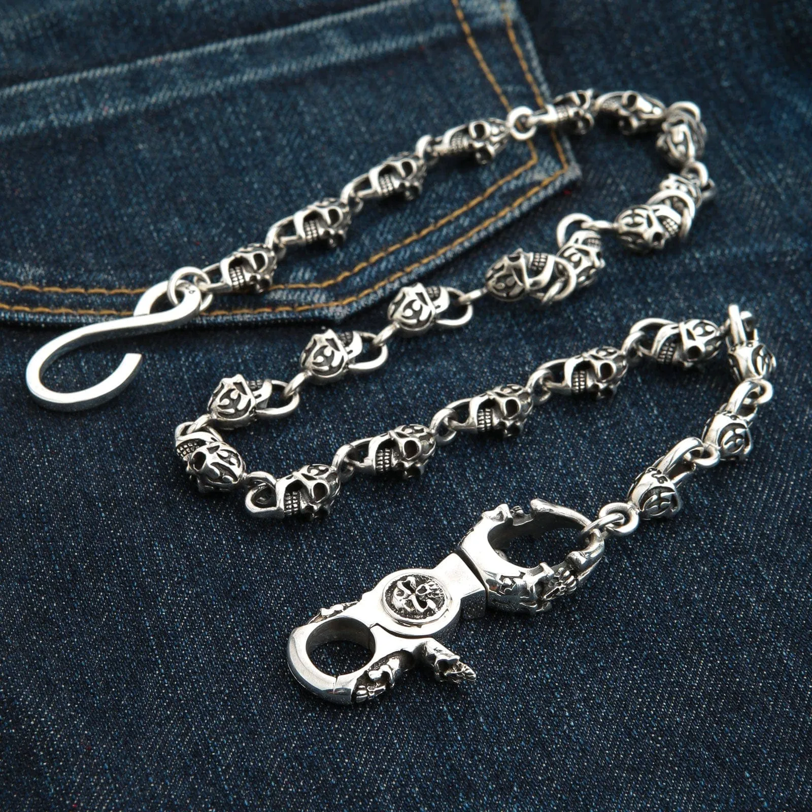 Slash Flame Skull Sterling Silver Wallet Chain