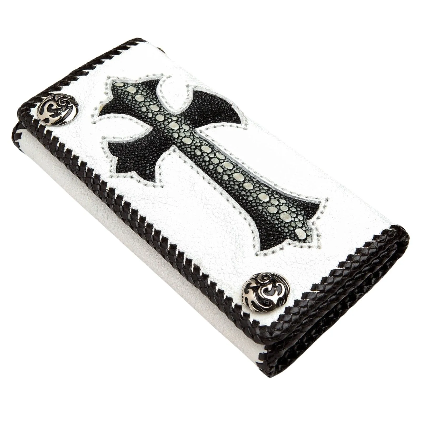 Stingray Cross Carved White Leather Biker Wallet