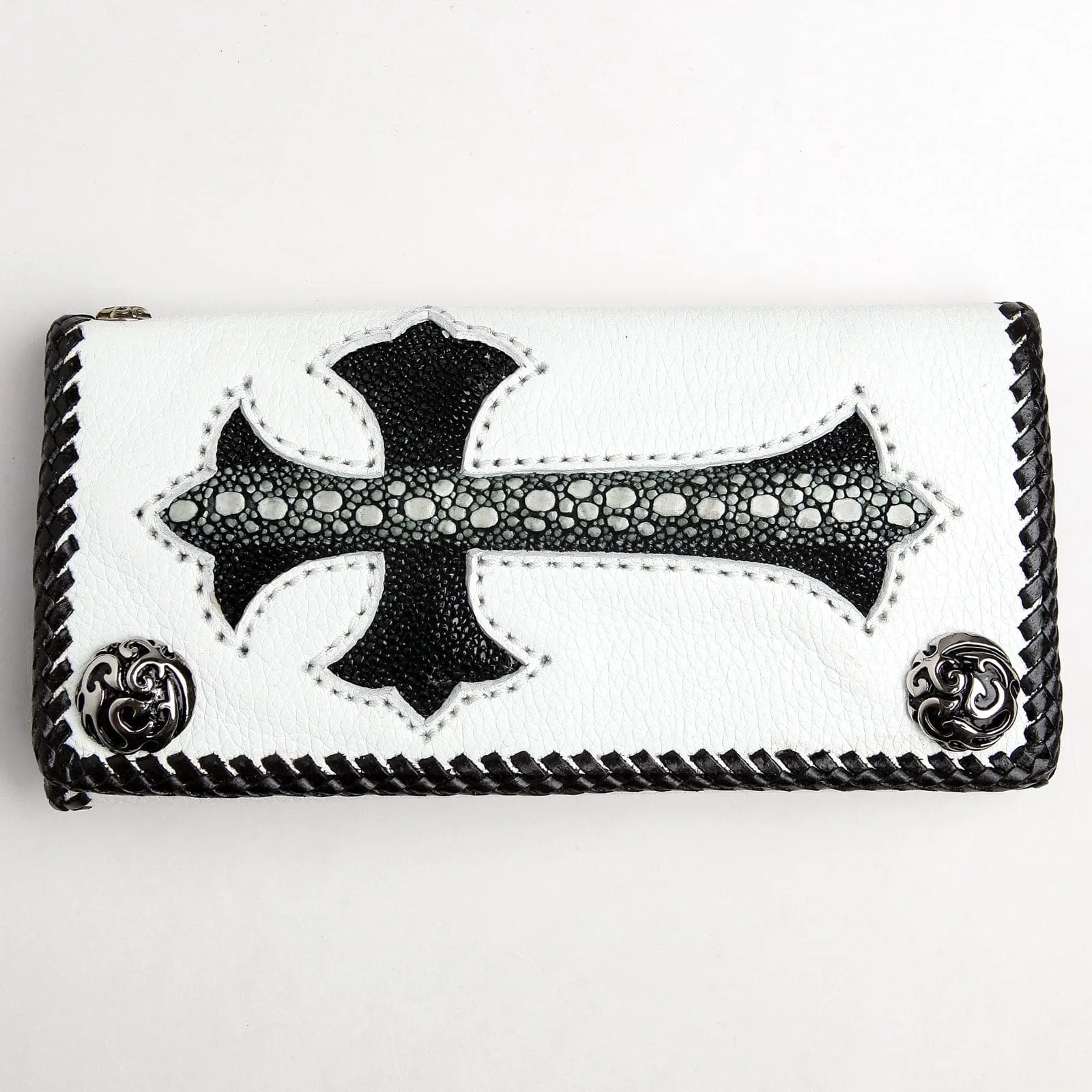 Stingray Cross Carved White Leather Biker Wallet