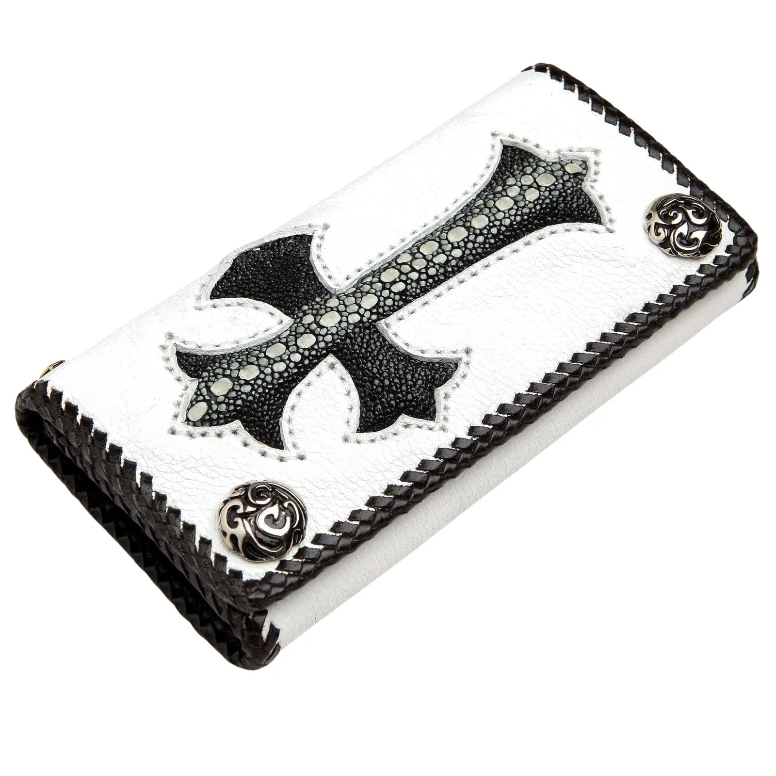 Stingray Cross Carved White Leather Biker Wallet
