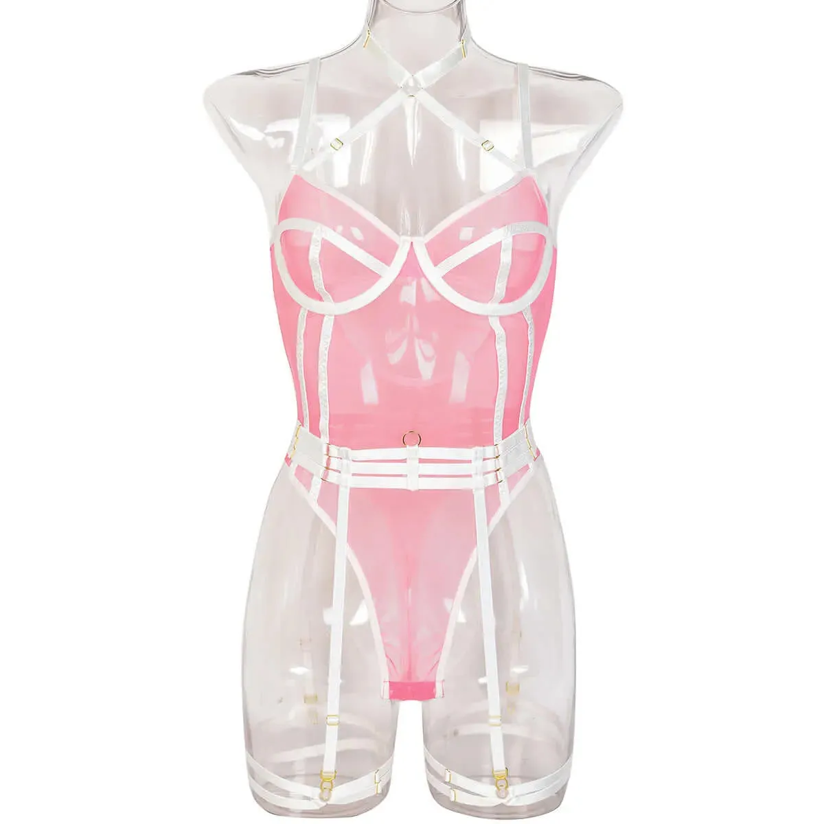 Strapped Halter Lingerie Jumpsuit Two Piece Set