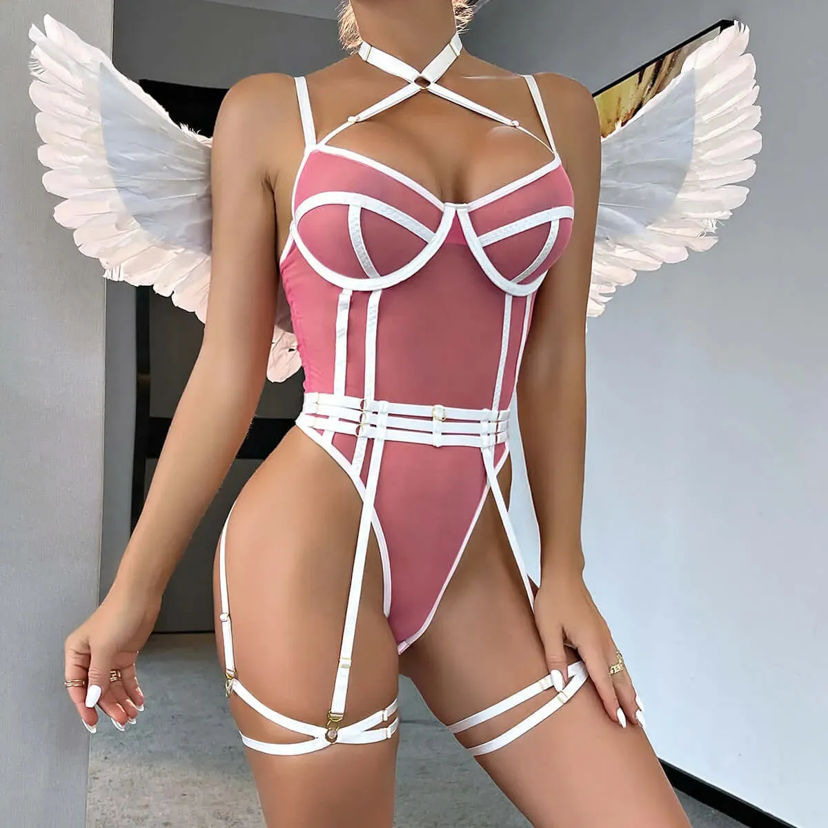 Strapped Halter Lingerie Jumpsuit Two Piece Set