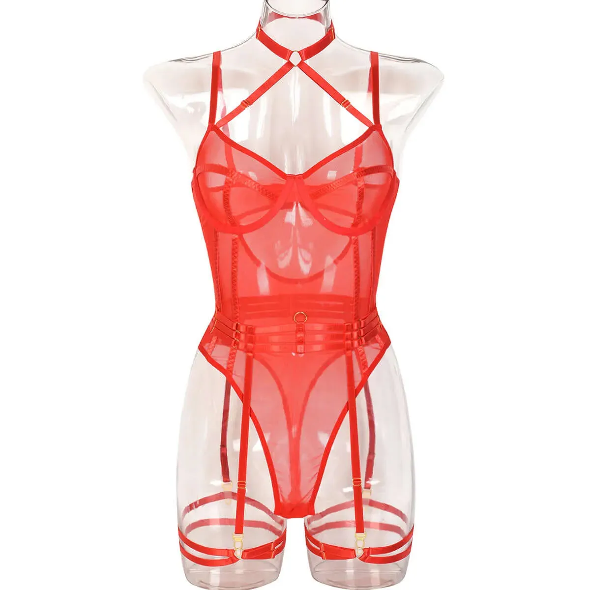 Strapped Halter Lingerie Jumpsuit Two Piece Set