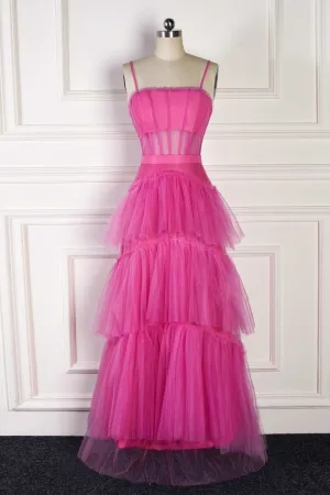 Straps Hot Pink Ruffle Layered Prom Dress