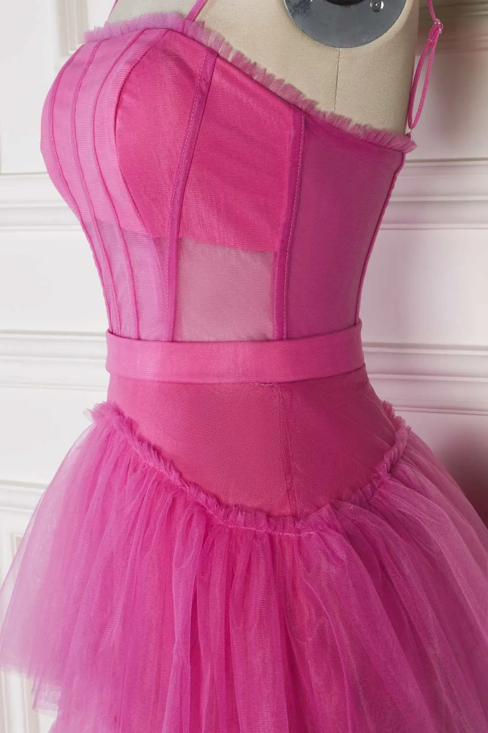 Straps Hot Pink Ruffle Layered Prom Dress